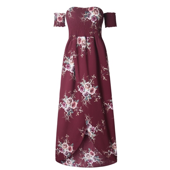 B2G1♦️🆕Boho Floral Off Shoulder Maxi Dress Wine - Picture 6 of 8